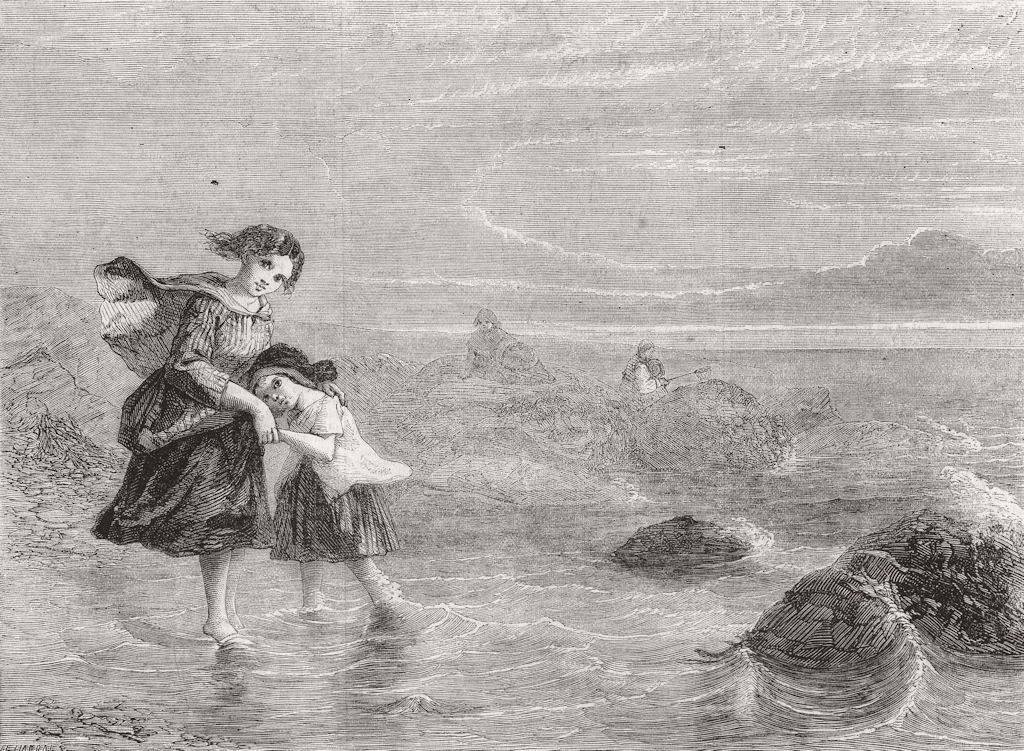 CHILDREN. The rising tide 1860 old antique vintage print picture