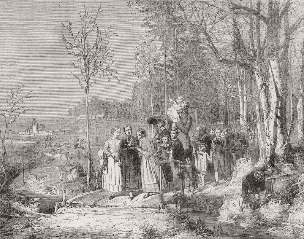 FAMILY. Morning walk in spring 1860 old antique vintage print picture