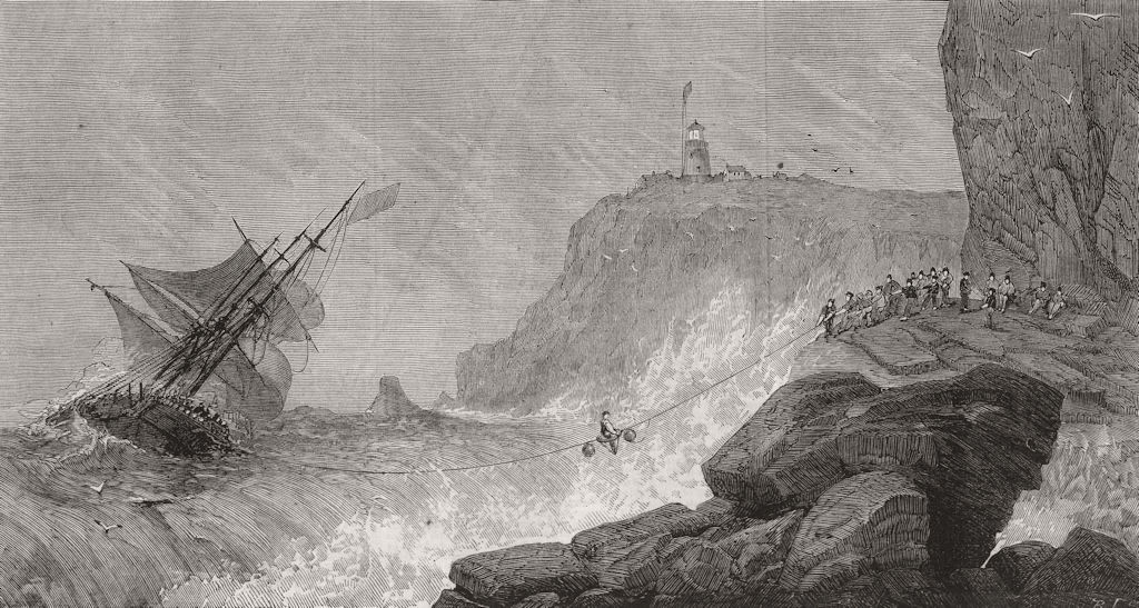SHIPS. Planned method of rescuing shipwrecked crew 1860 old antique print