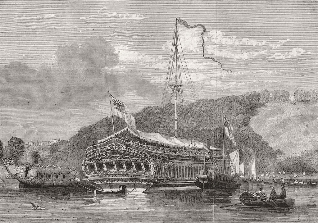 TOWNS. Relic of past-city Barge, Maria Wood 1863 old antique print picture
