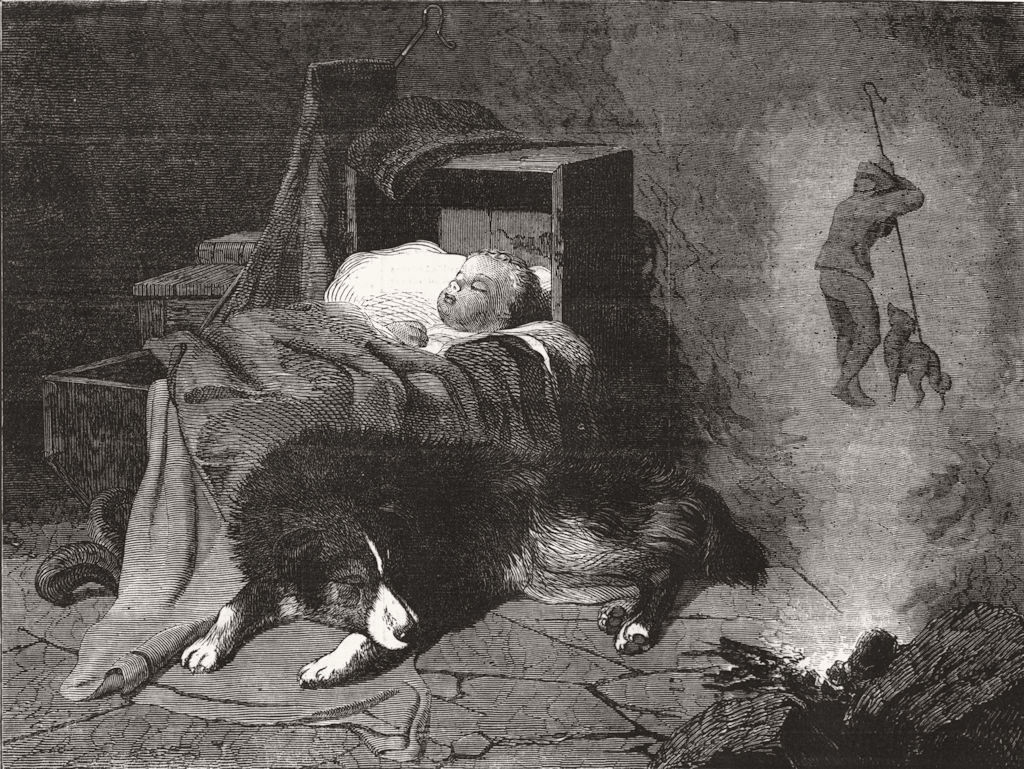 BABIES. Dream of Shepherd's dog 1855 old antique vintage print picture