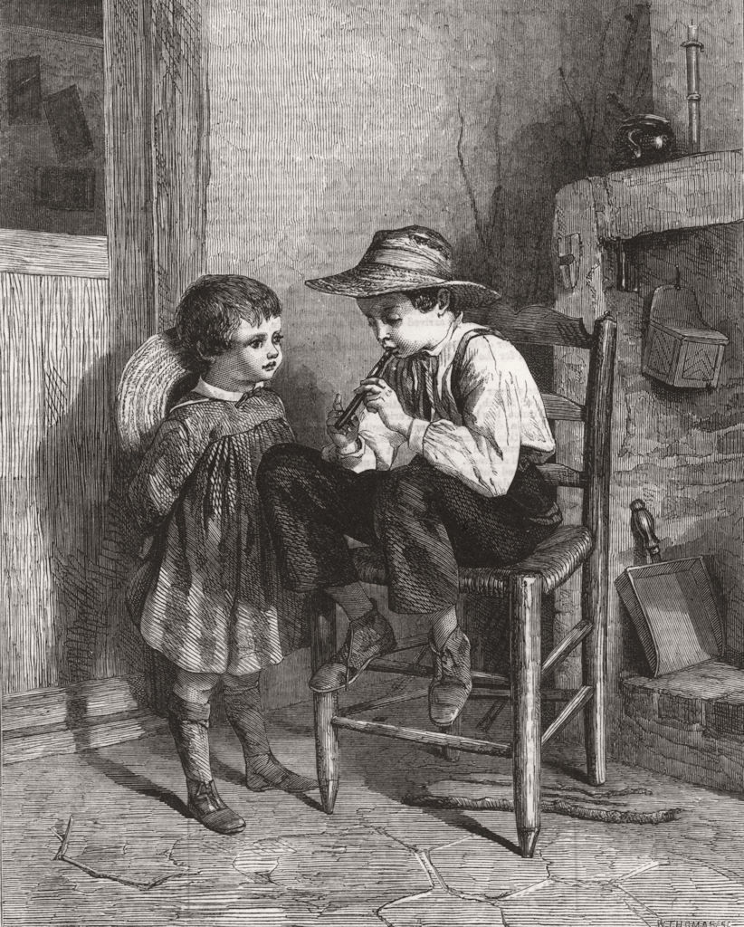 CHILDREN. The lesson on the flageolet 1860 old antique vintage print picture
