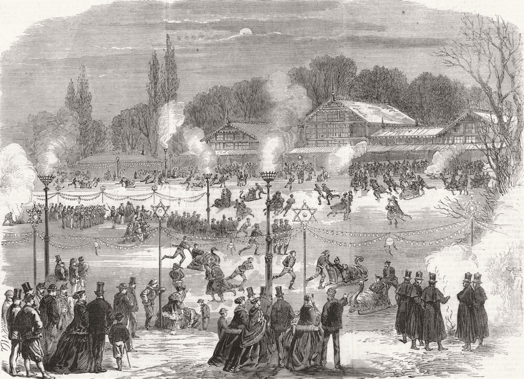 FRANCE. Skating, night, Bois de Boulogne 1867 old antique print picture