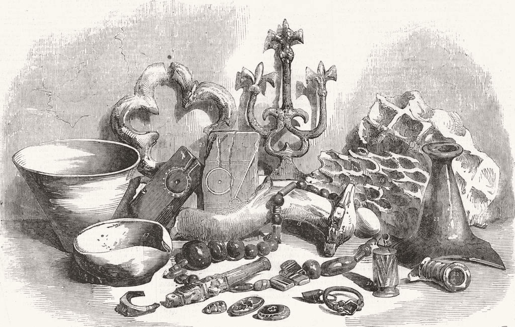DECORATIVE. Pottery, ironwork, glass  1857 old antique vintage print picture