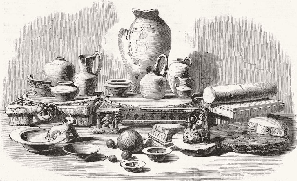 MANSURA. Relics from buried , Sindh. Pottery, mills 1857 old antique print
