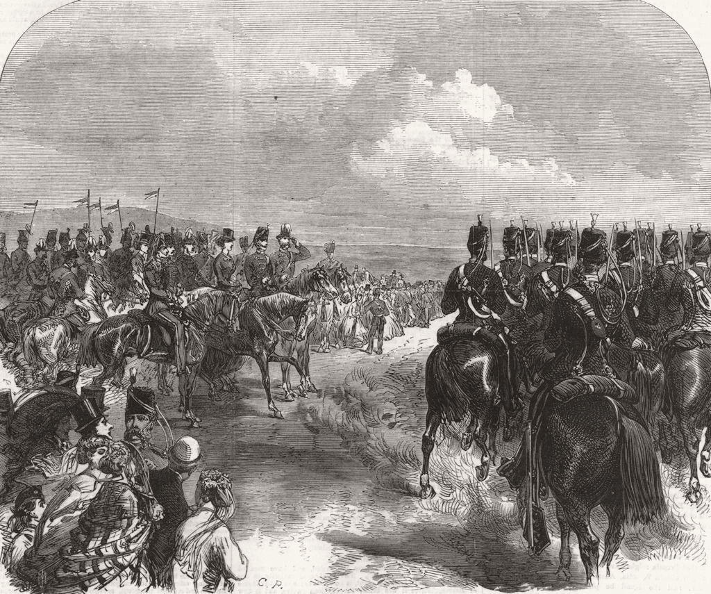 HANTS. Aldershot. Cavalry marching, Prince of Wales 1866 old antique print