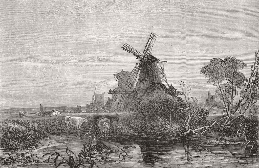 WINDMILLS. In the Marshes-morning 1856 old antique vintage print picture