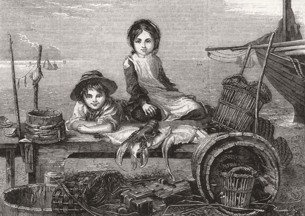 CHILDREN. Minding mother's stall-fish market 1859 old antique print picture