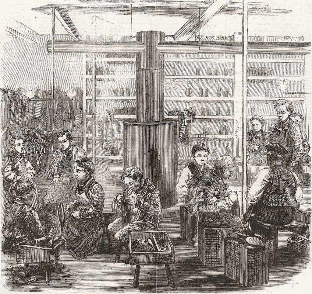 LINCOLN'S INN. Boys refuge, Gt Queen St. Shoemaking 1859 old antique print