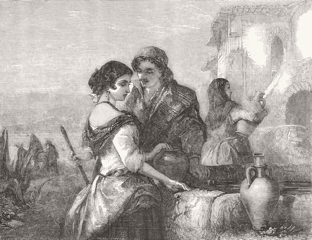 ROMANCE. At the fountain 1857 old antique vintage print picture