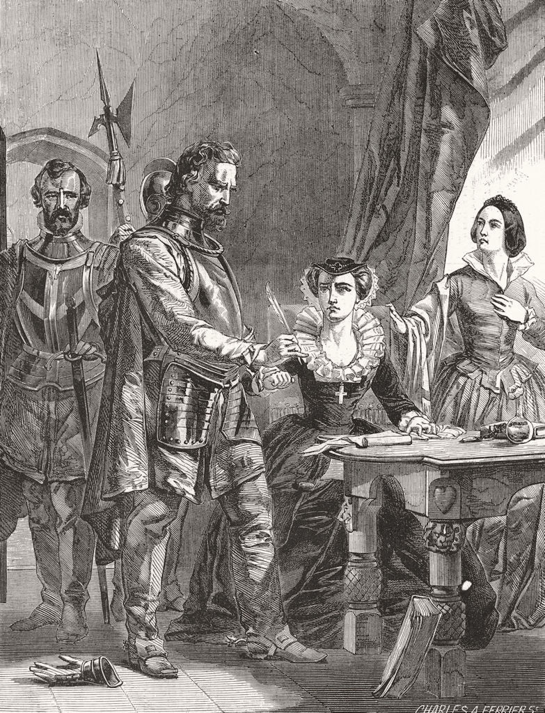 ROYALTY. Abdication of Mary Queen Scots 1855 old antique vintage print picture