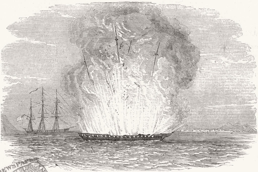 MACAU. Portugual ship Donna Maria II, explodes, Taipa 1851 old antique print