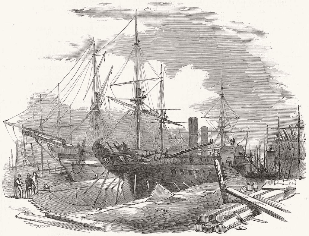 BLACKWALL. Indus Ship, fire damaged, Wigram dry dock 1852 old antique print