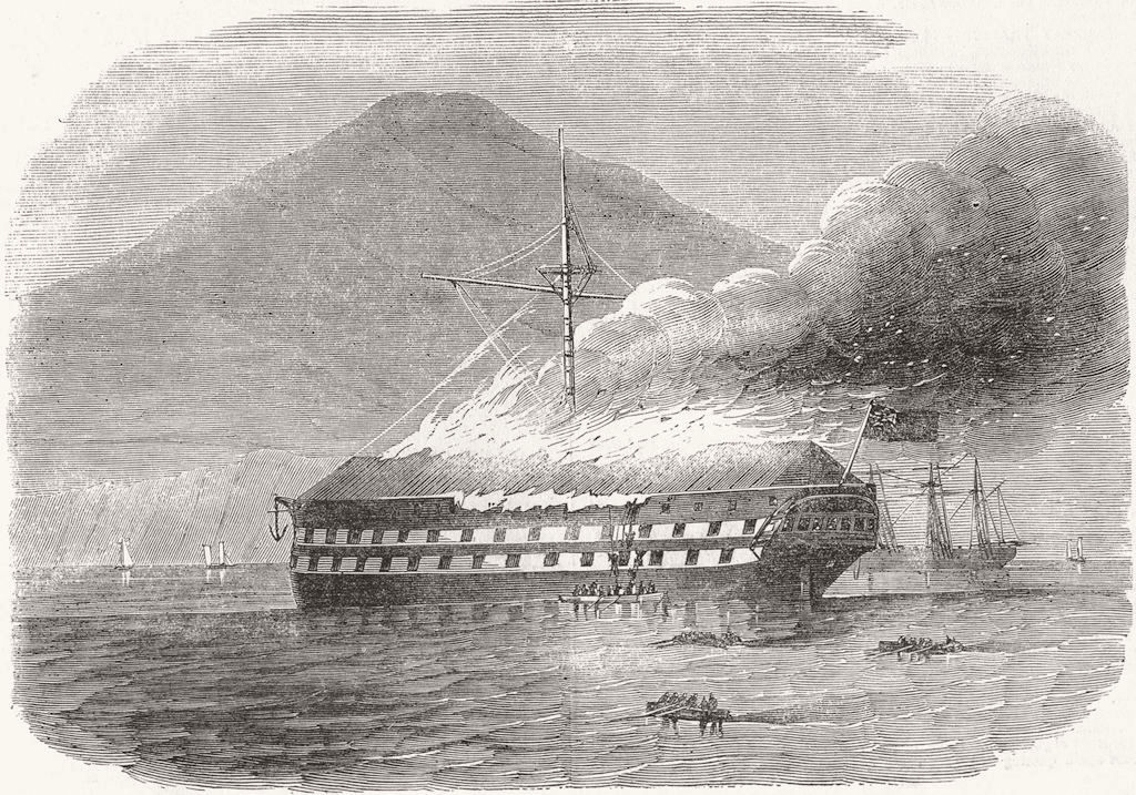 HONG KONG. Fire ship Ft William  1852 old antique vintage print picture