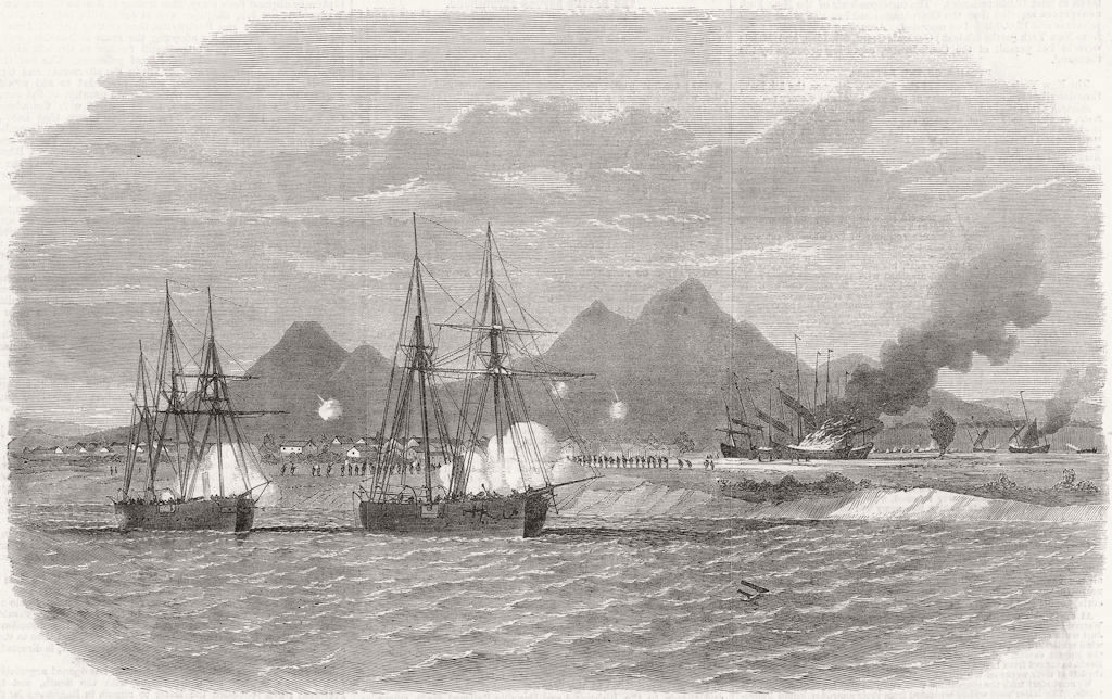 Associate Product XIAMEN. Royal Navy attacking Pirates, Kwantsiu 1865 old antique print picture