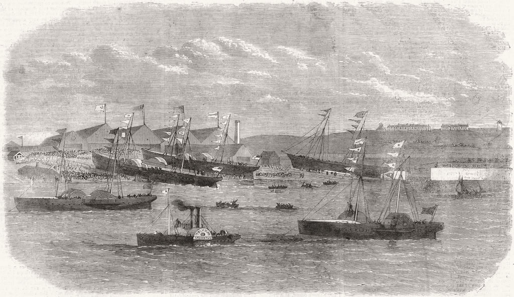 LANCS. Launch. 5 ships, Liverpool 1865 old antique vintage print picture