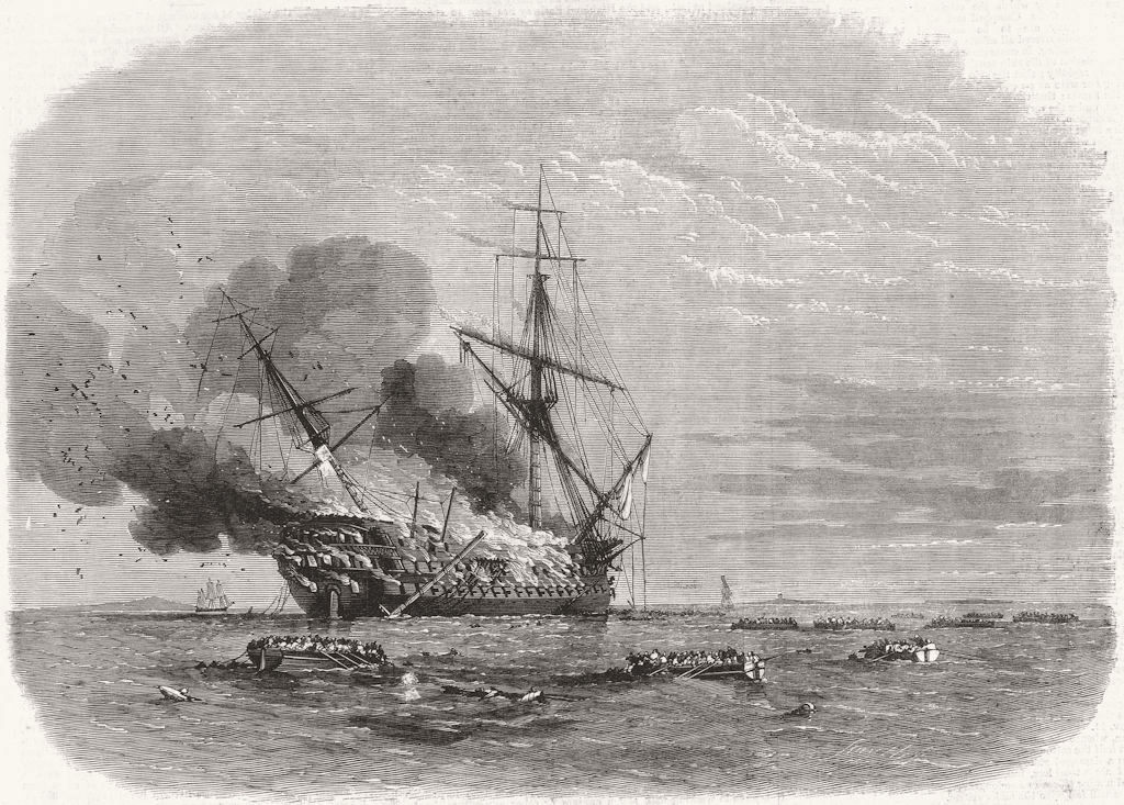 INDIA. Burning of HMS Mumbai, Montevideo 1865 old antique print picture