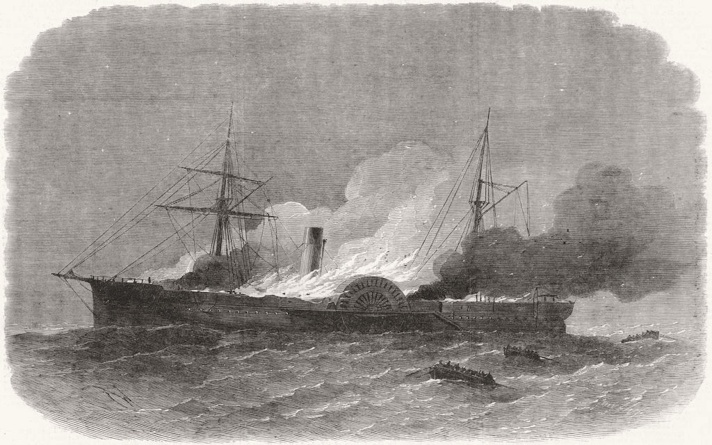 BERMUDA. US Mailship Roanoke burning, St George's 1864 old antique print