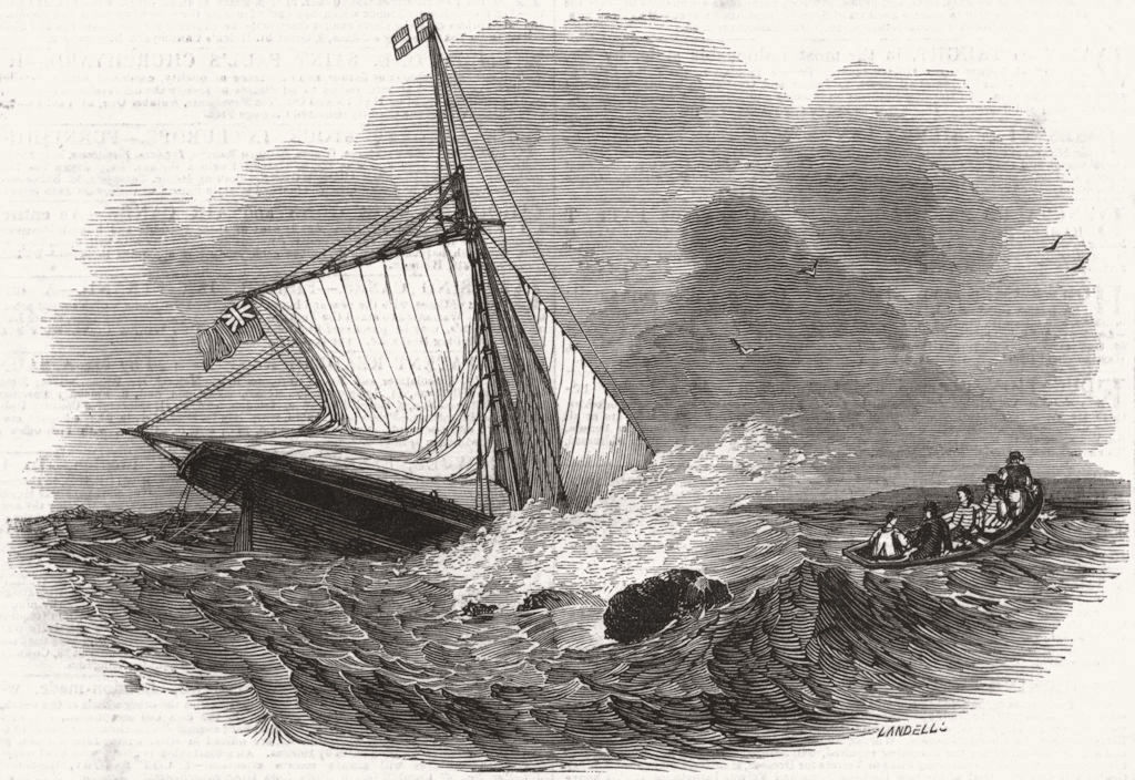 SUSSEX. Loss of Yacht Vectis, Bognor c1845 old antique vintage print picture