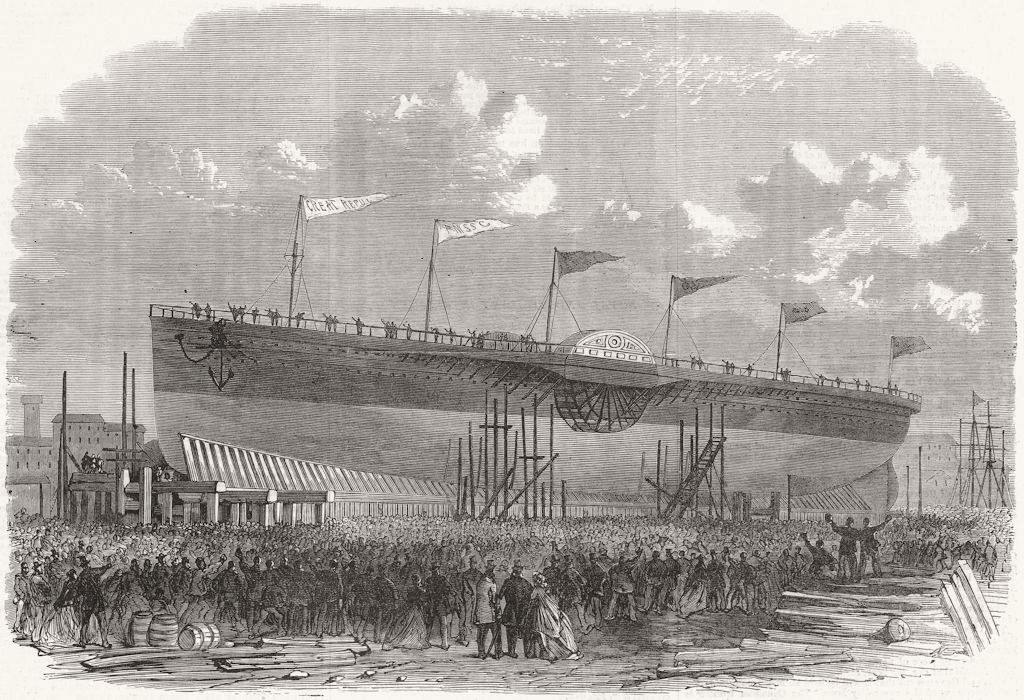 NEW YORK. Launch. Gt republic Ship  1867 old antique vintage print picture