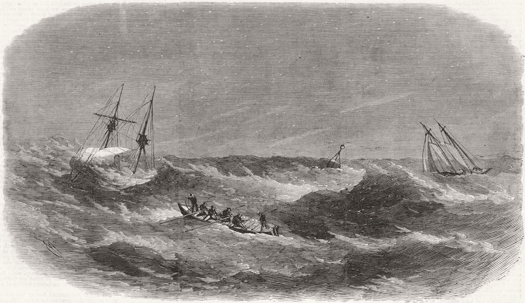 IOW. Caber-Faigh crew rescue, Owens Shoals 1867 old antique print picture