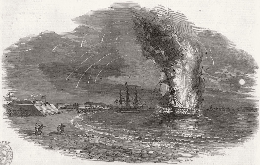 DENMARK. Christian VIII, ship exploding, Eckernforde 1849 old antique print