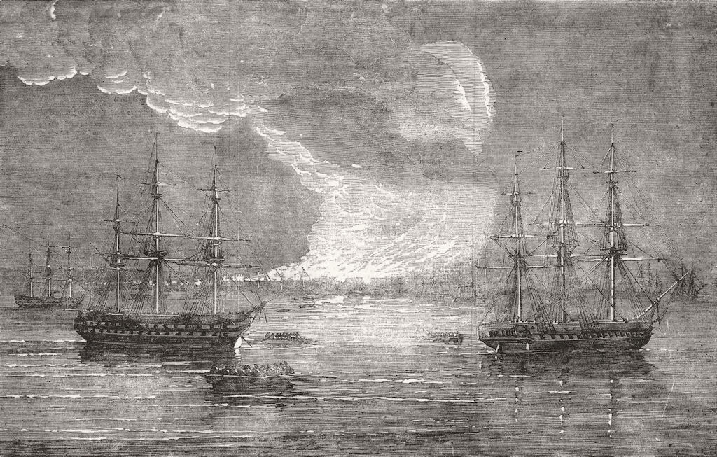 BULGARIA. Varna burning. French Bayard; HMS Leander 1854 old antique print