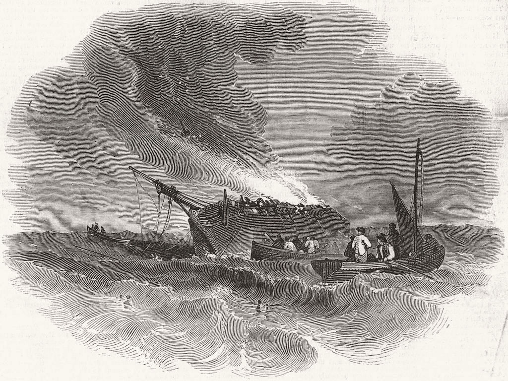 DORSET. American ship ablaze, Weymouth c1847 old antique vintage print picture