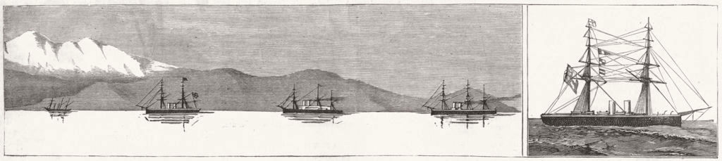SHIPS. Fleet, Suda Bay, Crete; Temeraire leaves Malta 1886 old antique print