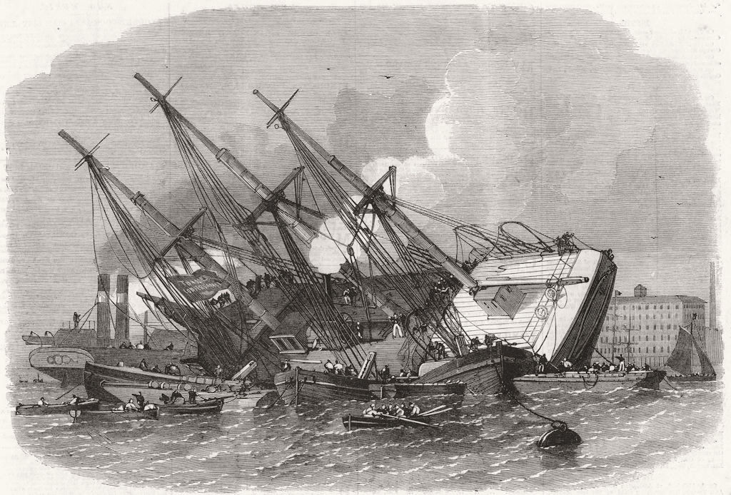 SHADWELL. Raising iron ship Ganges, sunk, Thames 1862 old antique print