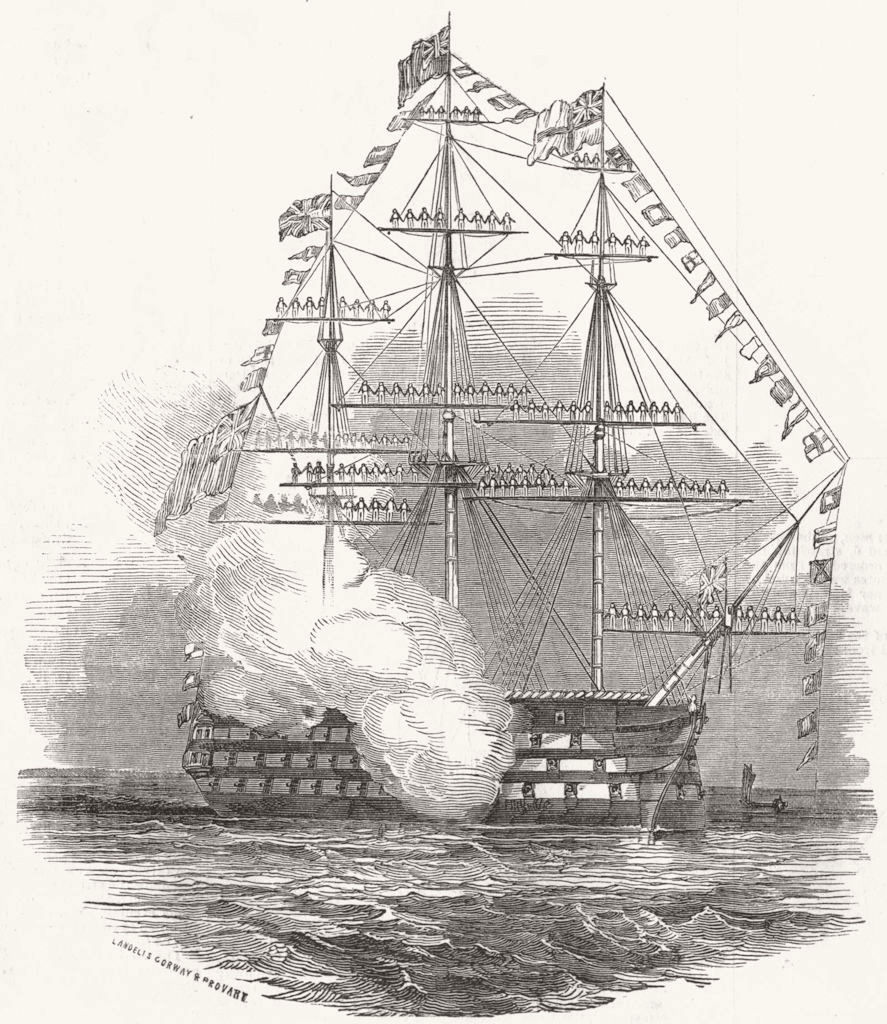 SHIPS. Flagship St Vincent firing salute 1845 old antique print picture