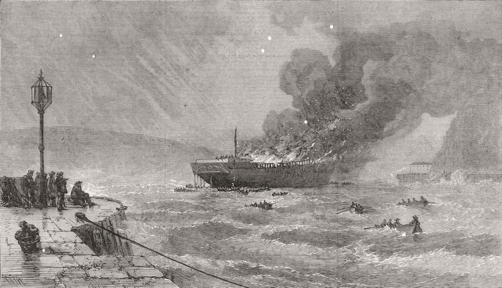 Associate Product DEVON. American ship Wallace ablaze in Torbay 1873 old antique print picture