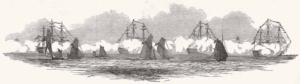 SHIPS. The fleet firing the salute 1845 old antique vintage print picture