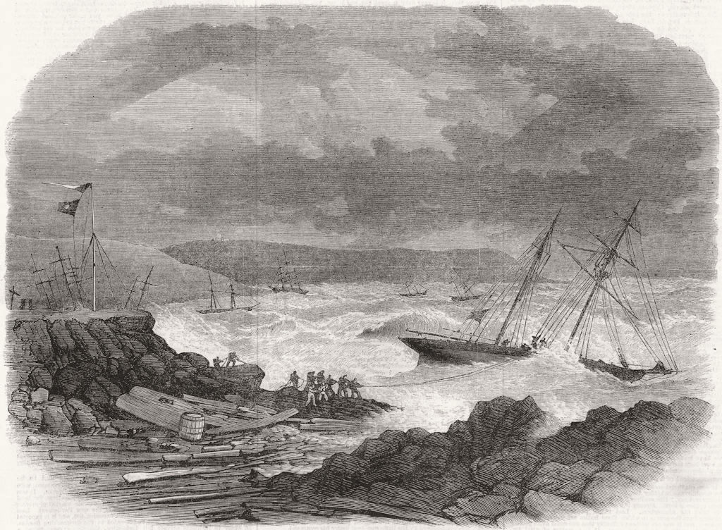 Associate Product DEVON. Ships aground, Batten Bay, Plymouth Sound 1865 old antique print