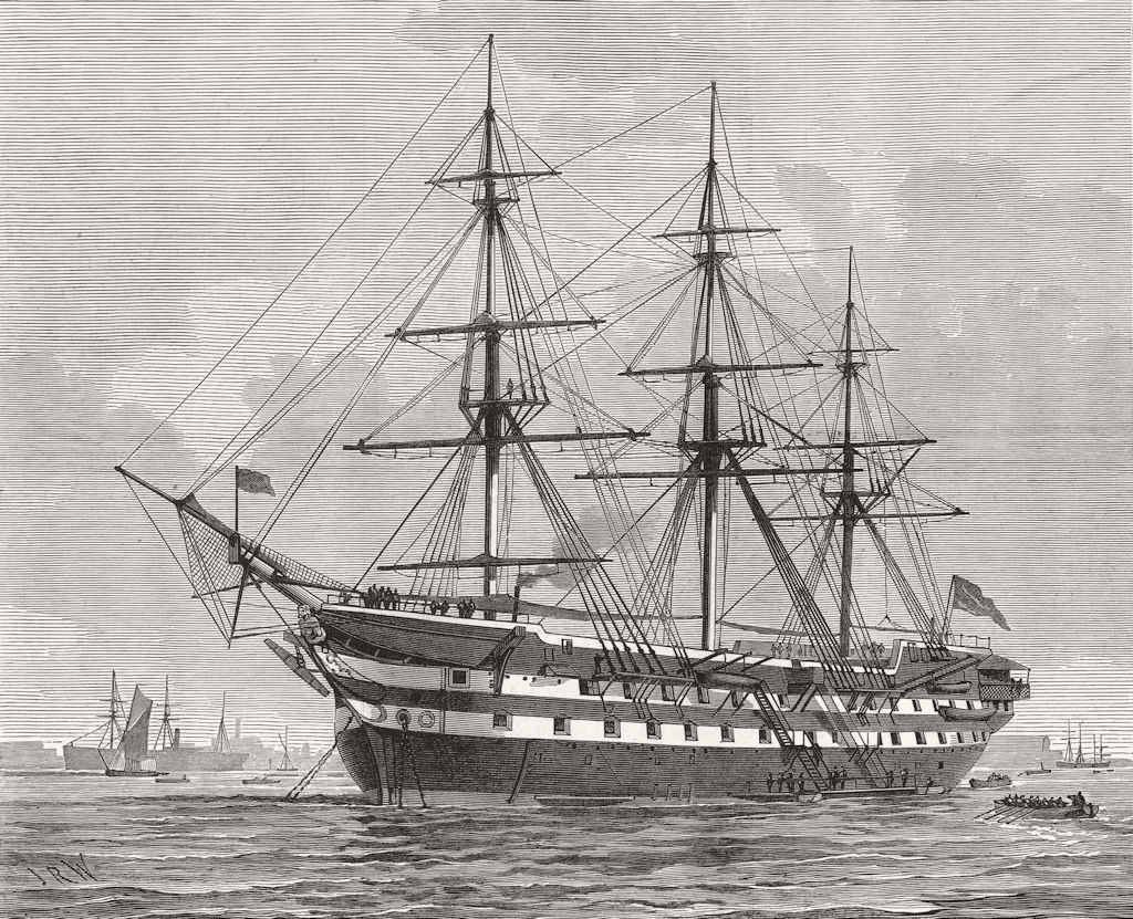 WOOLWICH. HMS Warspite, Royal Marine training-ship, at Woolwich 1877 old print