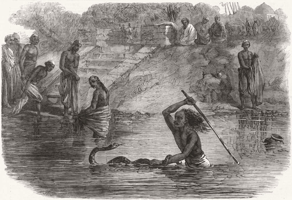 INDIA. Hindu bathers, river Yamuna surprised, snake 1864 old antique print