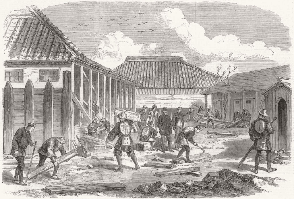 YOKOHAMA. Barracks for British troops being built 1864 old antique print