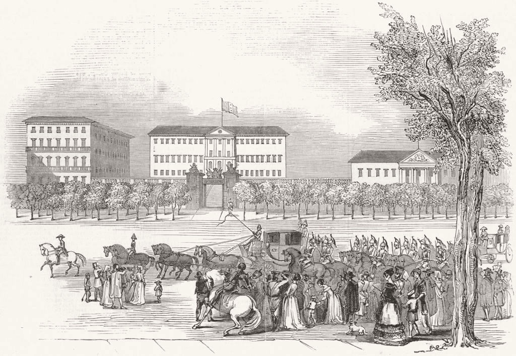 MADRID. Queen passing La Buena Vista, in Alcala 1845 old antique print picture