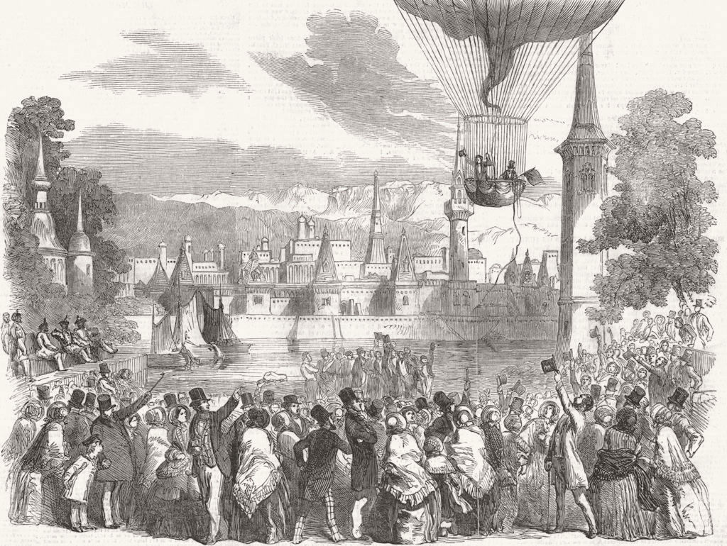 VAUXHALL. Ascent of Nassau balloon, from Gdns 1850 old antique print picture