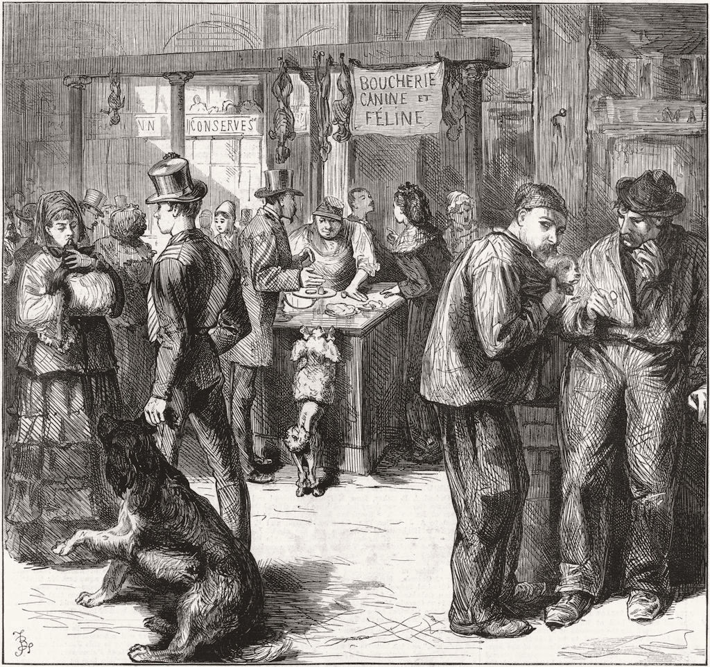 FRANCE. Market for dogs & cats flesh, Paris 1871 old antique print picture
