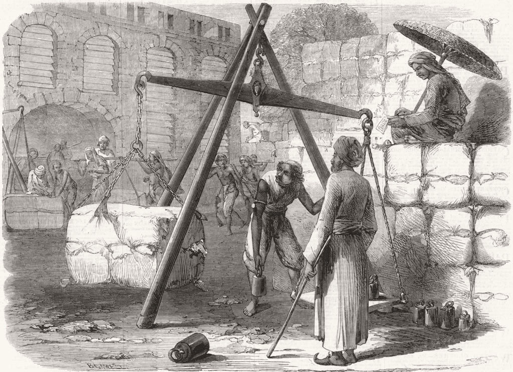 INDIA. Weighing cotton, Mumbai for English market 1862 old antique print