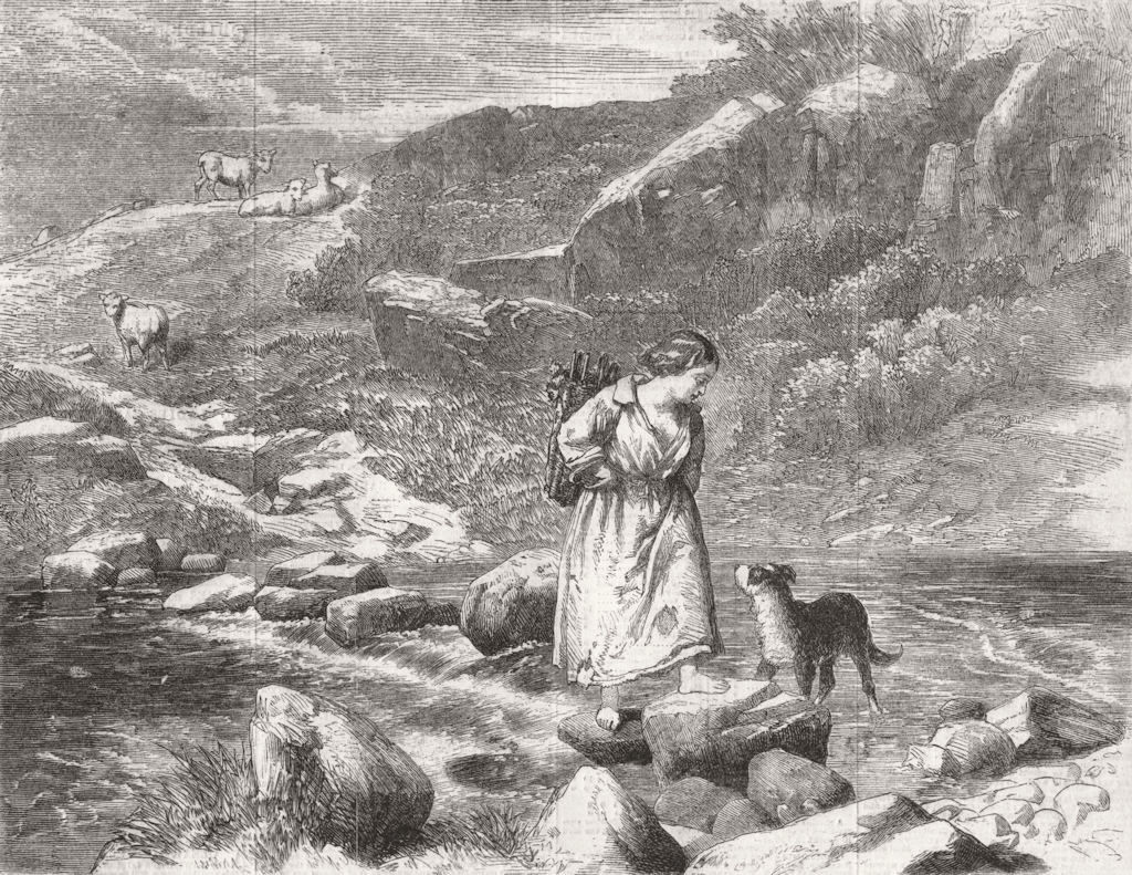 PRETTY LADIES. Crossing the brook 1858 old antique vintage print picture