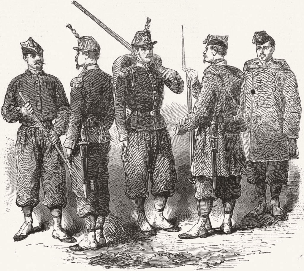 MILITARIA. Uniform French troops. Barrack; Dress;  1860 old antique print