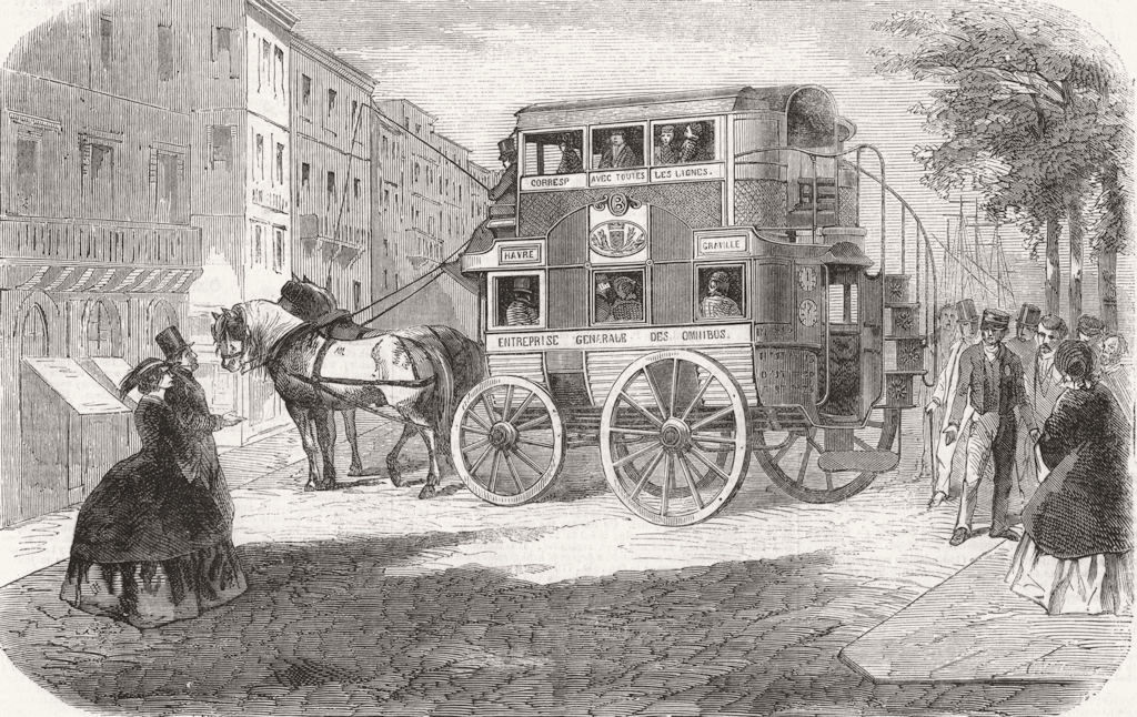 FRANCE. New style of Omnibus at Havre 1859 old antique vintage print picture