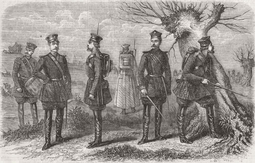COSTUME. Costumes of Russian riflemen & militia 1856 old antique print picture