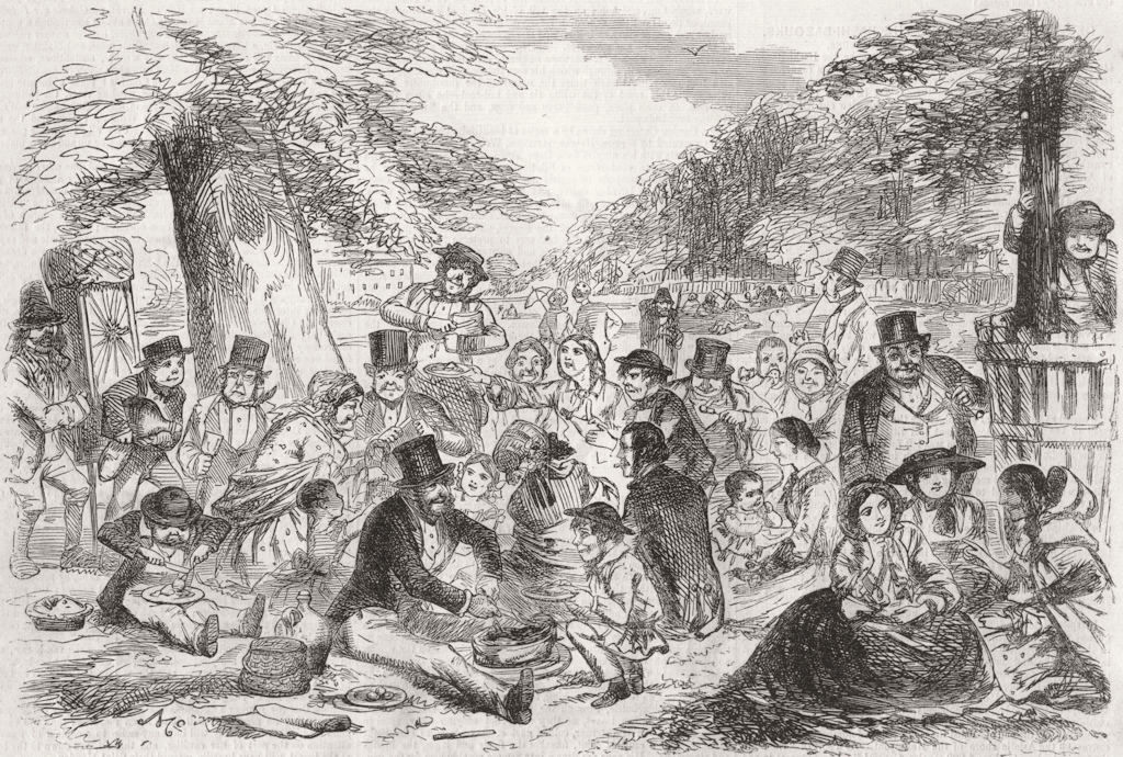 HAMPTON COURT. St Monday the "People's holiday". a Picnic 1855 old print