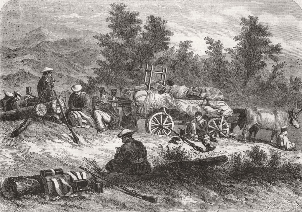 TRANSPORT. Russian convoy on the halt 1855 old antique vintage print picture