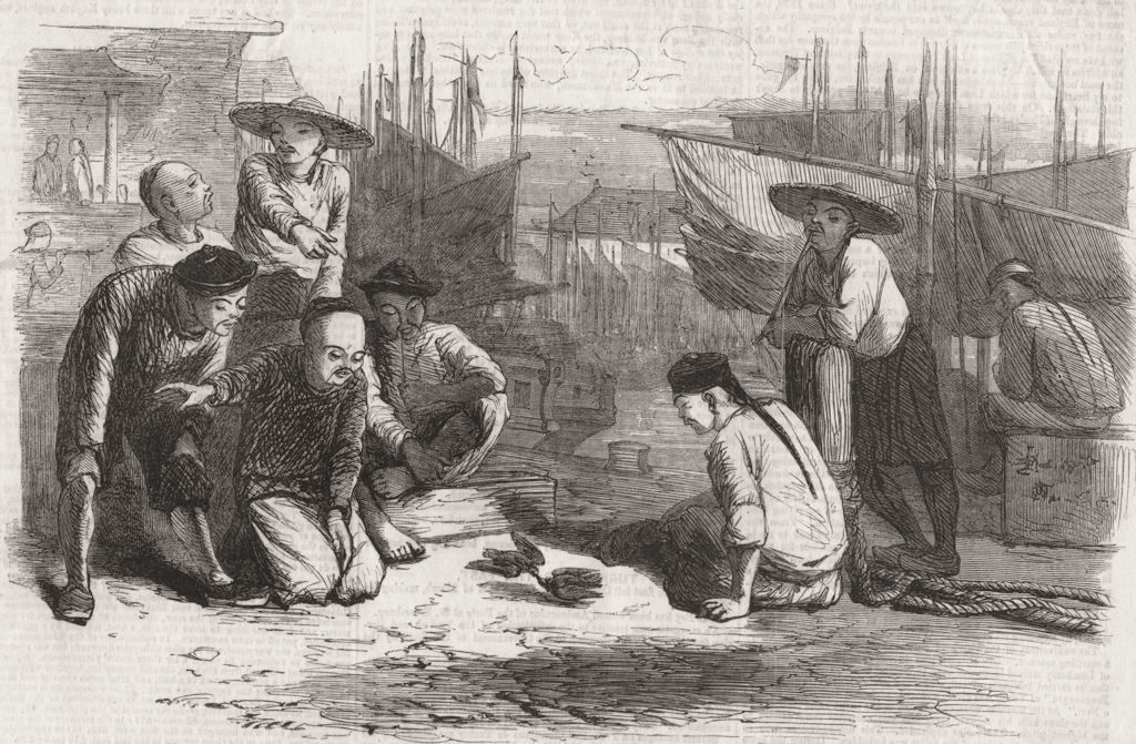 PORTRAITS. Canton boatmen fighting quails 1857 old antique print picture