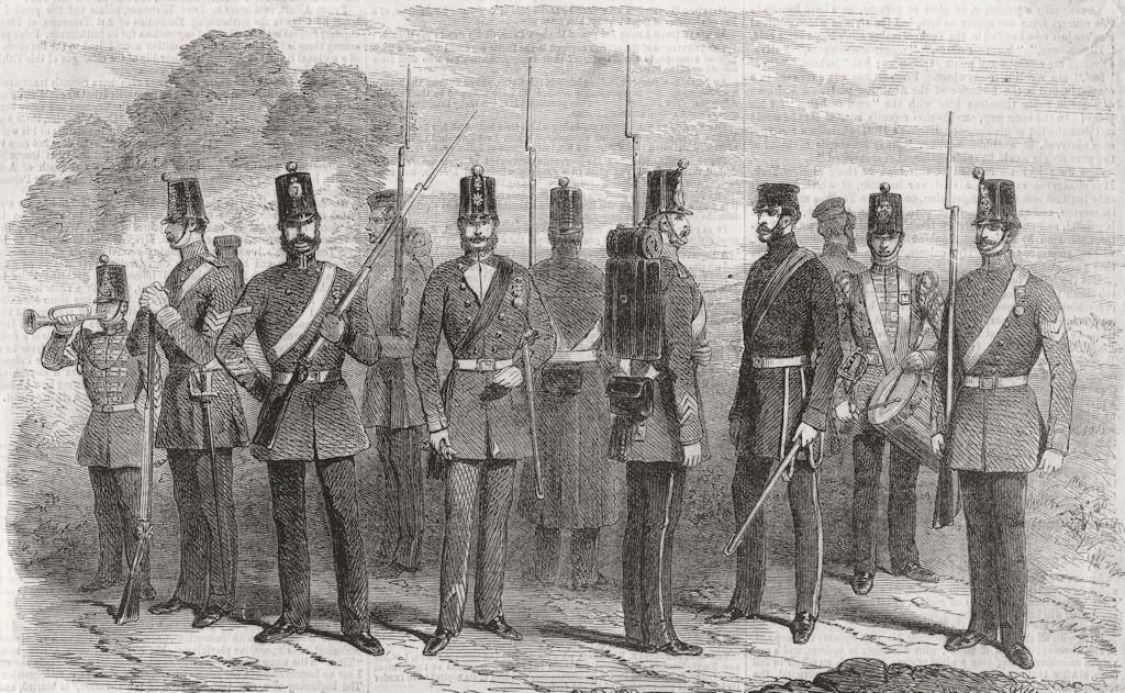 Associate Product UNIFORMS. Bugler; Sgt; LCpl; Officer; Private; Drummer 1856 old antique print