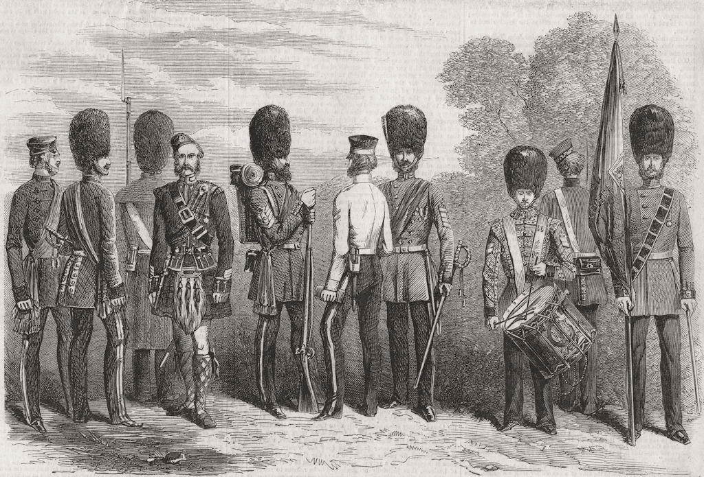 GUARDS UNIFORMS. Coldstreams, Grenadiers, Fusiliers 1857 antique print